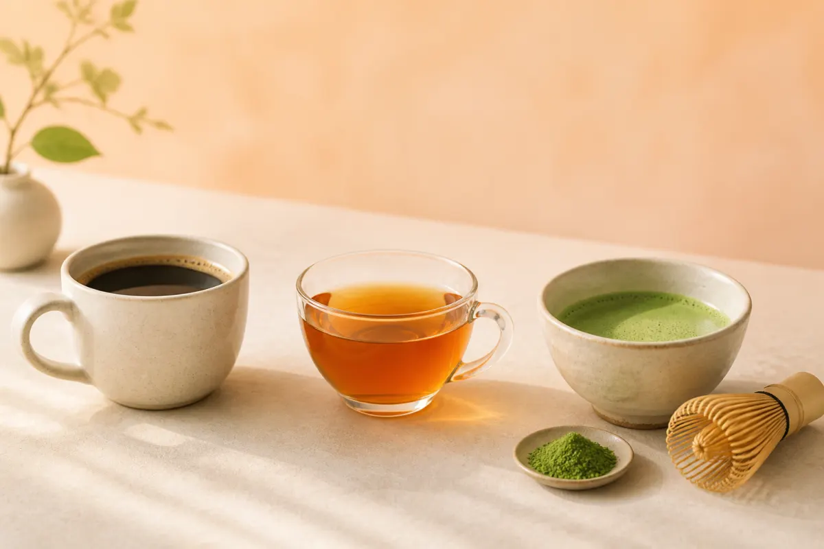 Coffee, black tea and matcha arranged side by side